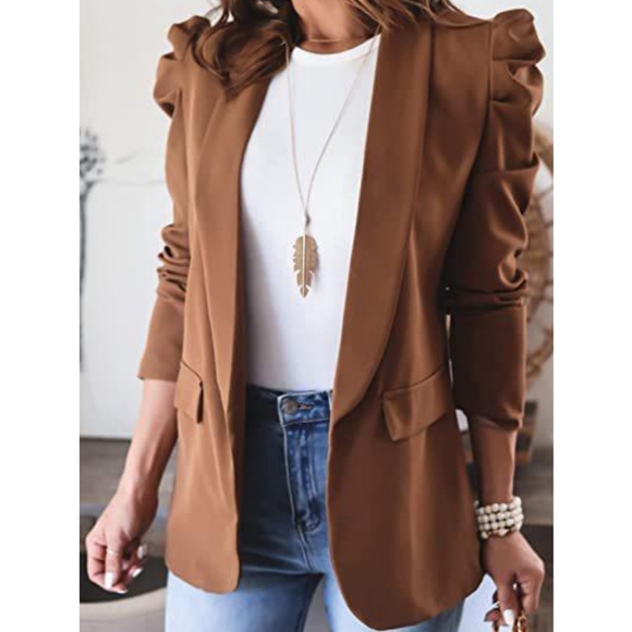 Lovely Rosetta Jackets & Blazers - (Out of Stock) Brown Puff Sleeve Blazer